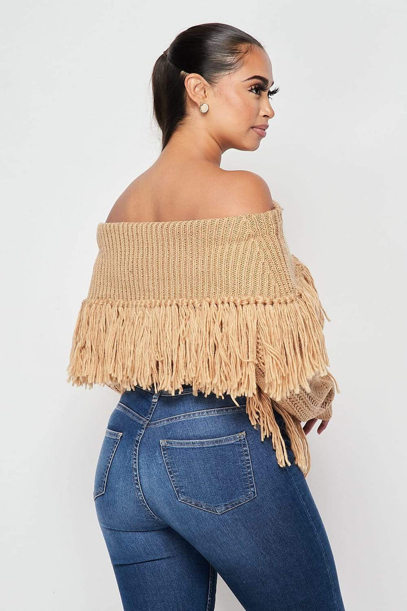 GOOD FOR YOU OFF THE SHOULDER NUDE SWEATER WITH FRINDGES