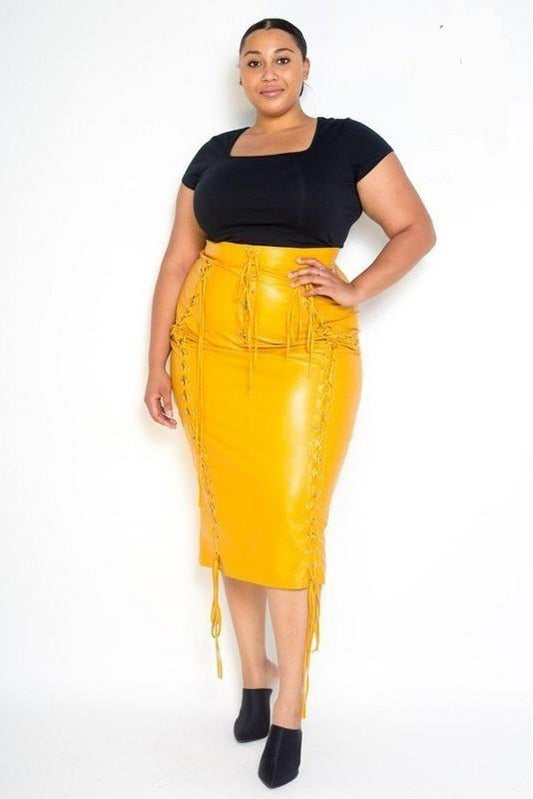 MUSTARD LACE UP CROSS FAUX PENCIL SKIRT