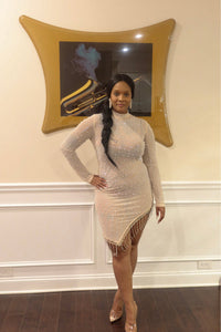 WEEKEND DRESS-OFF WHITE SHEER DIAMOND AND PEARL DRESS